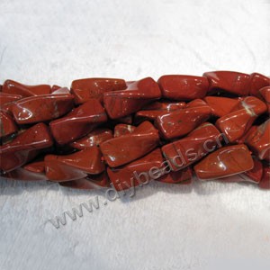 Bead, red flake jasper (natural), 10x30mm twisted ,3-side tube. Sold per 16-inch strand