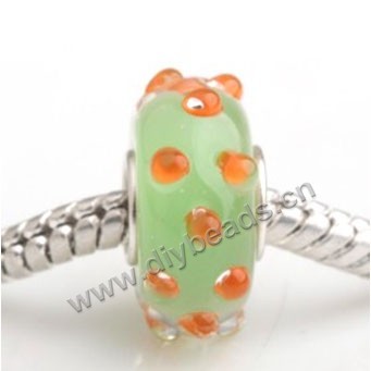Bead, big-hole beads,Lampworked glass and silver-plated brass grommet,green with point,14x7mm rondelle with 4.5 mm hole,sold per pkg of 50ps