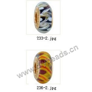 Bead,big-hole beads ,lampworked glass with brass grommets,mixed colors and designs,6x12mm-8x14mm rondelle ,4mm spiral hole,sold per pkg of 10ps
