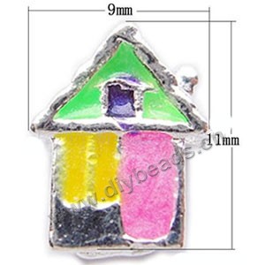Bead, big-hole beads, silver-plated pewter  and enamel, green/pink/yellow, 11.5x9mm house  with 5mm hole. Sold per pkg of 10ps