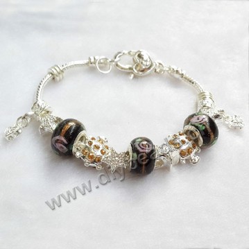 Bracelet,alloy and lampwork glass,white ,large hole beads,Sold per package of 1 piece