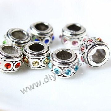 Bead,big-hole beads,alloy,7x10mm rondelle with cz stone,Sold per pkg of 30ps