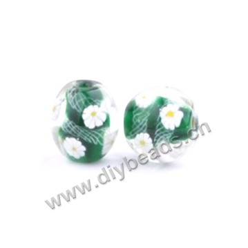 Bead, lampworked glass,green with flower, 16x16mm round.mini order 50pc 