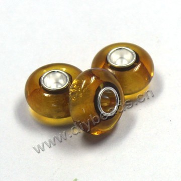 Bead,big-hole beads clear and honey lampworked glass with silver-finished brass,14x8m rondelle ,mini order 100pcs