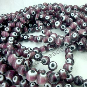 Bead , lampworked glass, opaque purple, 10mm double-sided round with wards off the evil eye design. Sold per pkg of (4) 15-inch strand.