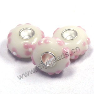 Bead,big-hole beads ,white with pink,lampworked glass with silver-finished brass,14x8m rondelle,mini order 10pcs