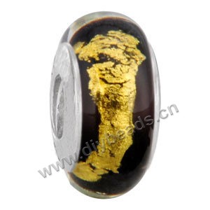 Bead,big-hole beads ,lampworked glass with silver-finished brass grommets,brown with gold foil,6x12mm-8x14mm rondelle ,4mm spiral hole,sold per pkg of 10ps