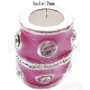 Bead, big-hole beads,silver-plated pewter and enameled , pink, 14x11mm fancy cylinder with swirls, 7mm hole. Sold per pkg of 10ps