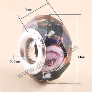 Bead,big-hole beads ,lampworked glass with silver-finished brass ,dark green/pink,9x14mm faceted rondelle with flower,4.5mm hole,sold per pkg of 10ps