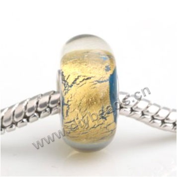 Bead, big-hole beads,Lampworked glass and 925 sterling silver grommet,mixed colors,14x7mm rondelle with 4.5 mm hole,sold per pkg of 50ps