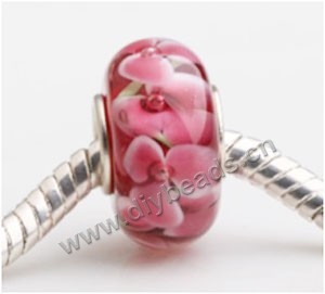 Bead, big-hole beads,Lampworked glass and 925 sterling silver grommet,red with flower, 14x7mm rondelle with 4.5 mm hole,sold per pkg of 50ps