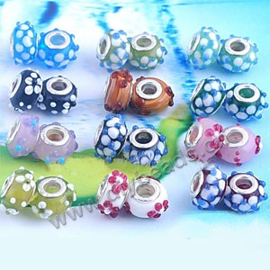 Bead,big-hole beads ,lampworked glass with silver-finished brass ,multicolored,10x14mm rondelle with 5mm hole,sold per pkg of 20ps