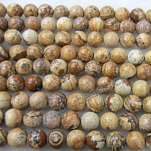 Bead, picture jasper (natural), 10mm round, Mohs hardness 6-1/2 to 7. Sold per 16-inch strands