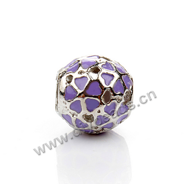 alloy Bead,silver plated,10.5x10mm barrel,purple color,min heart,5mm hole,Sold per pkg of 50 pieces.