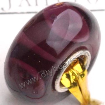 Bead, big-hole beads,Lampworked glass and 925 sterling silver grommet,deep red with white lines, 14x7mm rondelle with 4.5 mm hole,sold per pkg of 50ps
