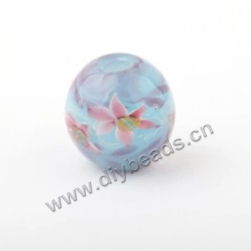 Bead,Japan lampworked glass,blue with flower, 14x14mm round.mini order 100pc 