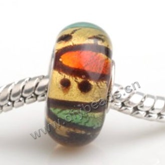 Bead, big-hole beads,Lampworked glass and silver-plated brass grommet,yellow with stripe ,14x7mm rondelle with 4.5 mm hole,sold per pkg of 50ps