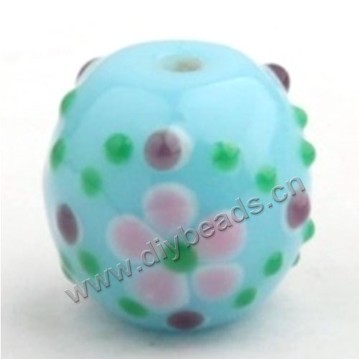 Bead, lampworked glass,blue with flower, 18x18mm round.mini order 50pc 