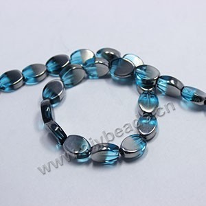 Bead ,silver-plated glass, turquoise blue, 13x10mm flat oval. Sold per pkg of ten 31cm strand.
