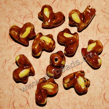 Bead , fancy glaze porcelain, 16x18 mm  brown dog shape. hole size 2.5mm Sold per pkg of 10 beads. 