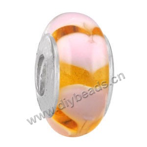 Bead,big-hole beads ,lampworked glass with silver-finished brass grommets,yellow/pink,6x12mm-8x14mm rondelle with heart,4mm spiral hole,sold per pkg of 10ps