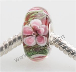 Bead, big-hole beads,Lampworked glass and silver-plated brass grommet,mixture colors with flower, 14x7mm rondelle with 4.5 mm hole,sold per pkg of 50ps