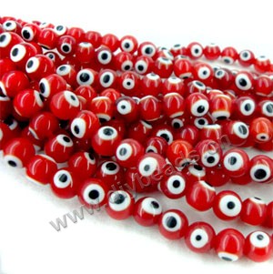 Bead , lampworked glass, opaque red, 10mm double-sided round with wards off the evil eye design. Sold per pkg of (4) 15-inch strand.