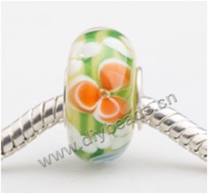 Bead, big-hole beads,Lampworked glass and 925 sterling silver grommet,green with flower, 14x7mm rondelle with 4.5 mm hole,sold per pkg of 50ps