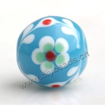 Bead,Japan lampworked glass,blue with bright flower, 16x16mm round.mini order 100pc 