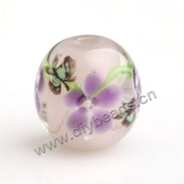 Bead,Japan lampworked glass,white with flower, 12x12mm round.mini order 100pc 