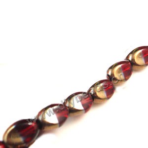 Bead ,copper-plated glass, red, 11x8mm twisted oval. Sold per pkg of ten 29cm strand.