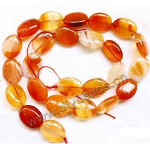 Bead, red agate (dyed), 12x16mm flat oval. Sold per 15-inch strand.