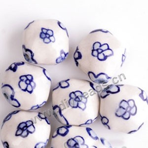 Bead, porcelain, blue/white, 16x17mm flat diamond with flower. Sold per pkg of 20 beads.
