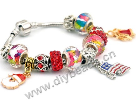 Bracelet,alloy, Beaded bracelet ,christmas style with jingle bell and snowman,Sold per pkg of 10ps
