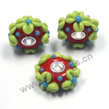 Bead,big-hole beads ,lampworked glass with silver-finished brass,16x10m rondelle,green,mini order 5pcs