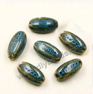 Bead, fancy glaze porcelain, blue, 27x12mm long oval. Sold per pkg of 30 beads 