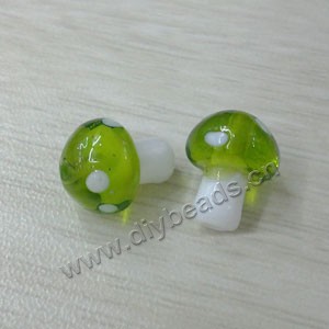 Bead, lampworked glass, lime green and white, 10x12mm mushroom with spots. Sold per pkg of 20 beads.
