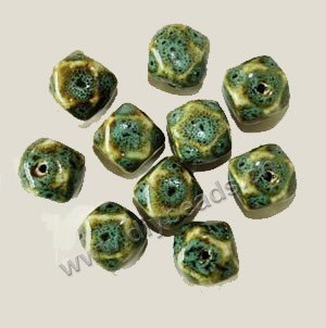 Bead, fancy glaze porcelain, green, 17x17mm cube. Sold per pkg of 30 beads 