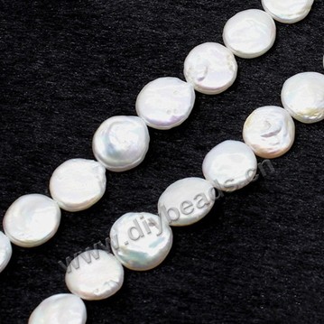 Pearl broque, cultured freshwater, white, 11-12mm flat round. Sold per pkg of 1 bag-(2 strands).