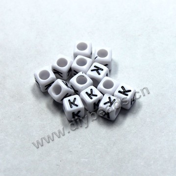 Bead, acrylic,White,alphabet is K, 6x6mm cube with 3.5mm drill hole. Sold per pkg of 100ps