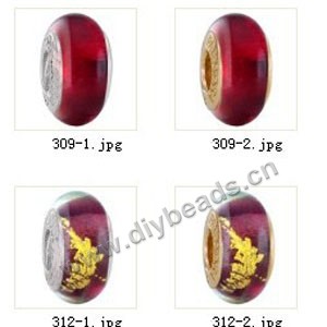 Bead,big-hole beads ,lampworked glass with silver-finished brass grommets,mixed colors and designs,6x12mm-8x14mm rondelle ,4mm spiral hole,sold per pkg of 10ps