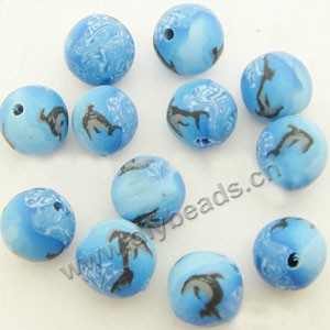 Bead, polymer clay, blue/black, 8mm round with dolphin. Sold per pkg of 36.