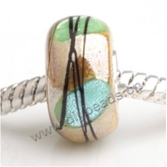 Bead, big-hole beads,Lampworked glass and silver-plated brass grommet,gold with stripe ,14x7mm rondelle with 4.5 mm hole,sold per pkg of 50ps