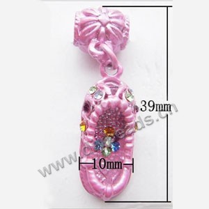 Charm, big-hole beads, pewter and enameled , pink, 10x39mm baby shoes with rhinestone , 5mm hole. Sold per pkg of 10ps