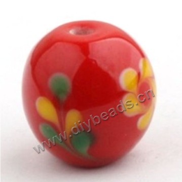 Bead, lampworked glass,red with flower, 18x18mm round.mini order 50pc 