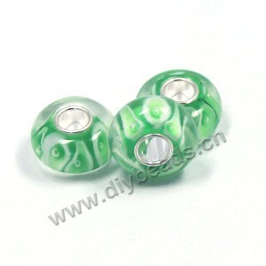 Bead,big-hole beads ,lampworked glass with silver-finished brass,15x8m rondelle ,green, mini order 100pcs