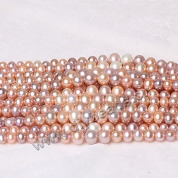 Pearl, cultured freshwater(natural), mix color, 5-9mm nealy round, AAA2 grade. Sold by per 1 strand.