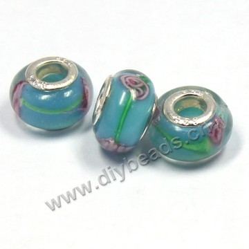 Bead,big-hole beads ,lampworked glass with silver-finished brass,14x9m rondelle ,green with flower, mini order 200pcs