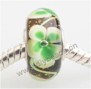 Bead, big-hole beads,Lampworked glass and 925 sterling silver grommet,green with flower, 14x7mm rondelle with 4.5 mm hole,sold per pkg of 50ps