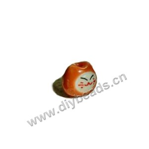 Bead, porcelain, orange,white, 12x12mm hand-painted lucky cat . Sold per pkg of 6.